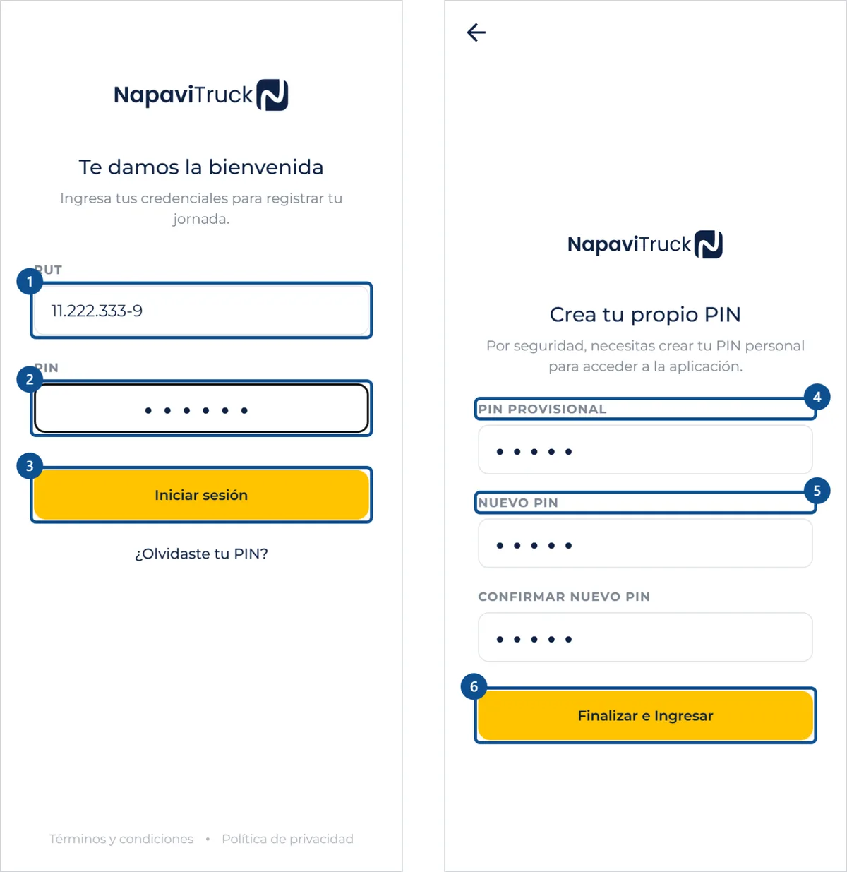 Pantalla de «Entrar a la app por primera vez», con los pasos señalados por número
