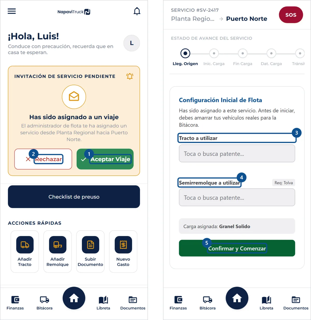 Pantalla de «Aceptar un servicio asignado», con los pasos señalados por número