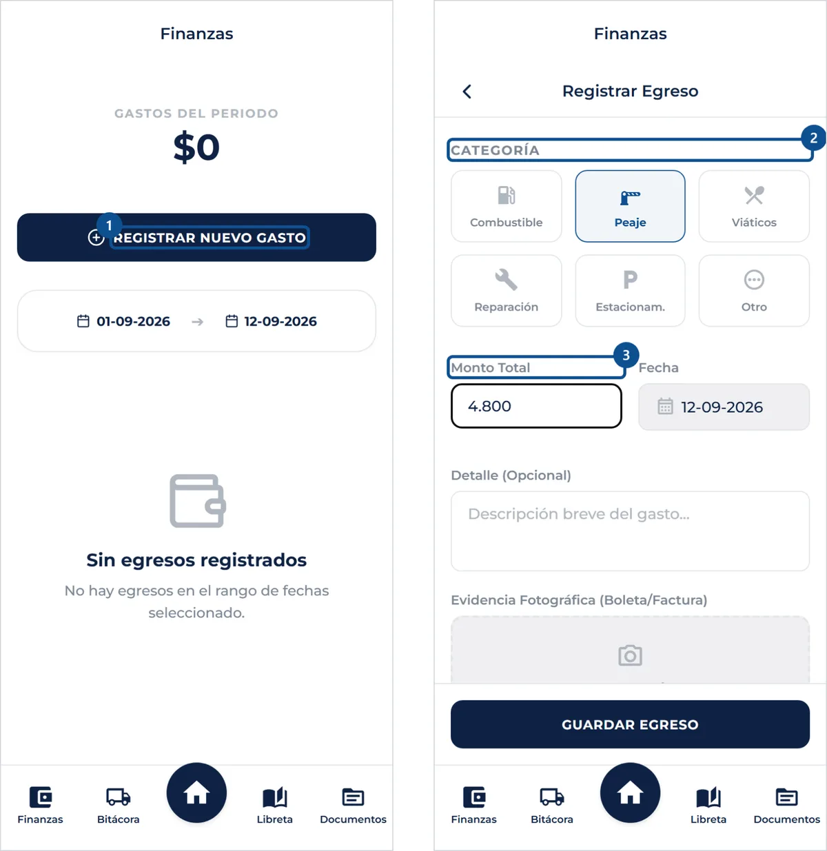 Pantalla de «Registrar un gasto», con los pasos señalados por número