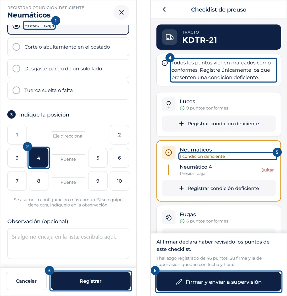 Pantalla de «Hacer el checklist de preuso», con los pasos señalados por número