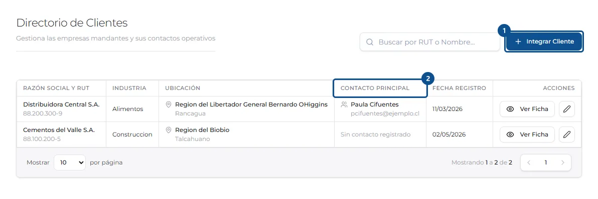 Pantalla de «Agregar un cliente mandante», con los pasos señalados por número