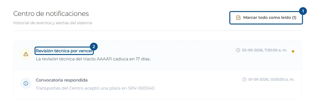 Pantalla de «Revisar los avisos del sistema», con los pasos señalados por número