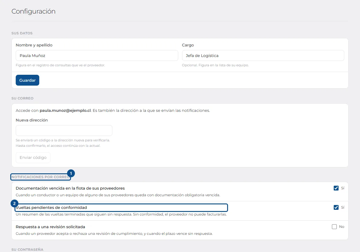 Pantalla de «Elegir qué avisos llegan por correo», con los pasos señalados por número