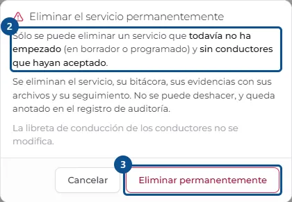 Pantalla de «Eliminar un servicio que se creó por error», con los pasos señalados por número