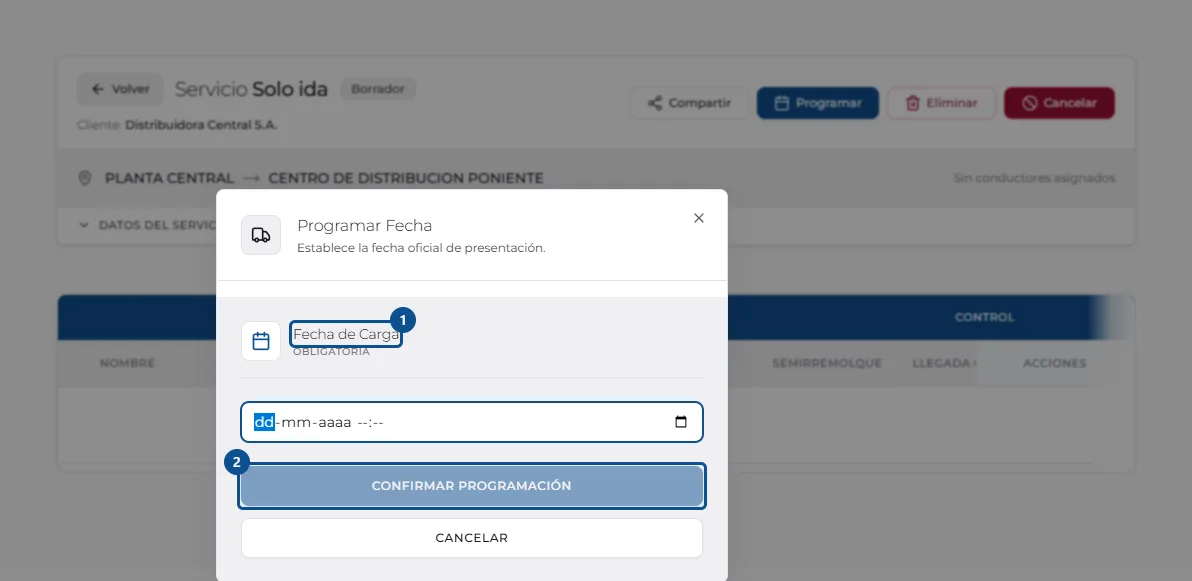 Pantalla de «Programar un servicio que está en borrador», con los pasos señalados por número