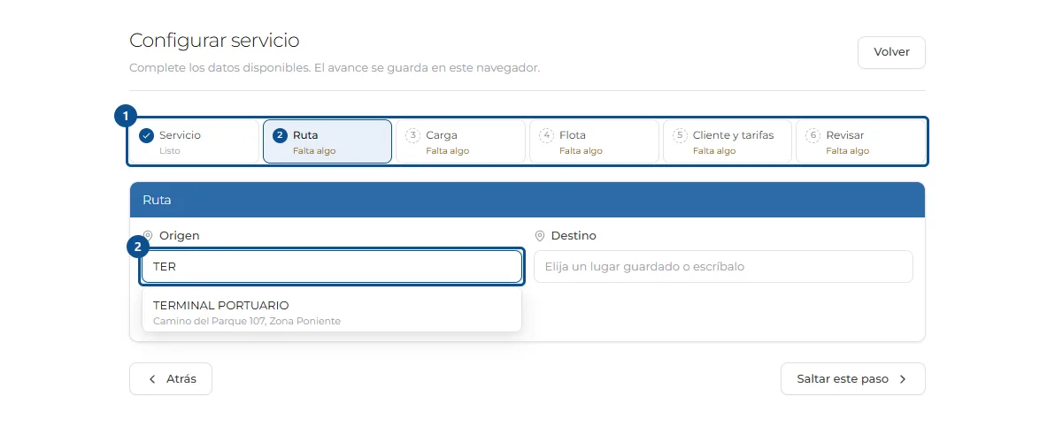 Pantalla de «Crear un servicio», con los pasos señalados por número
