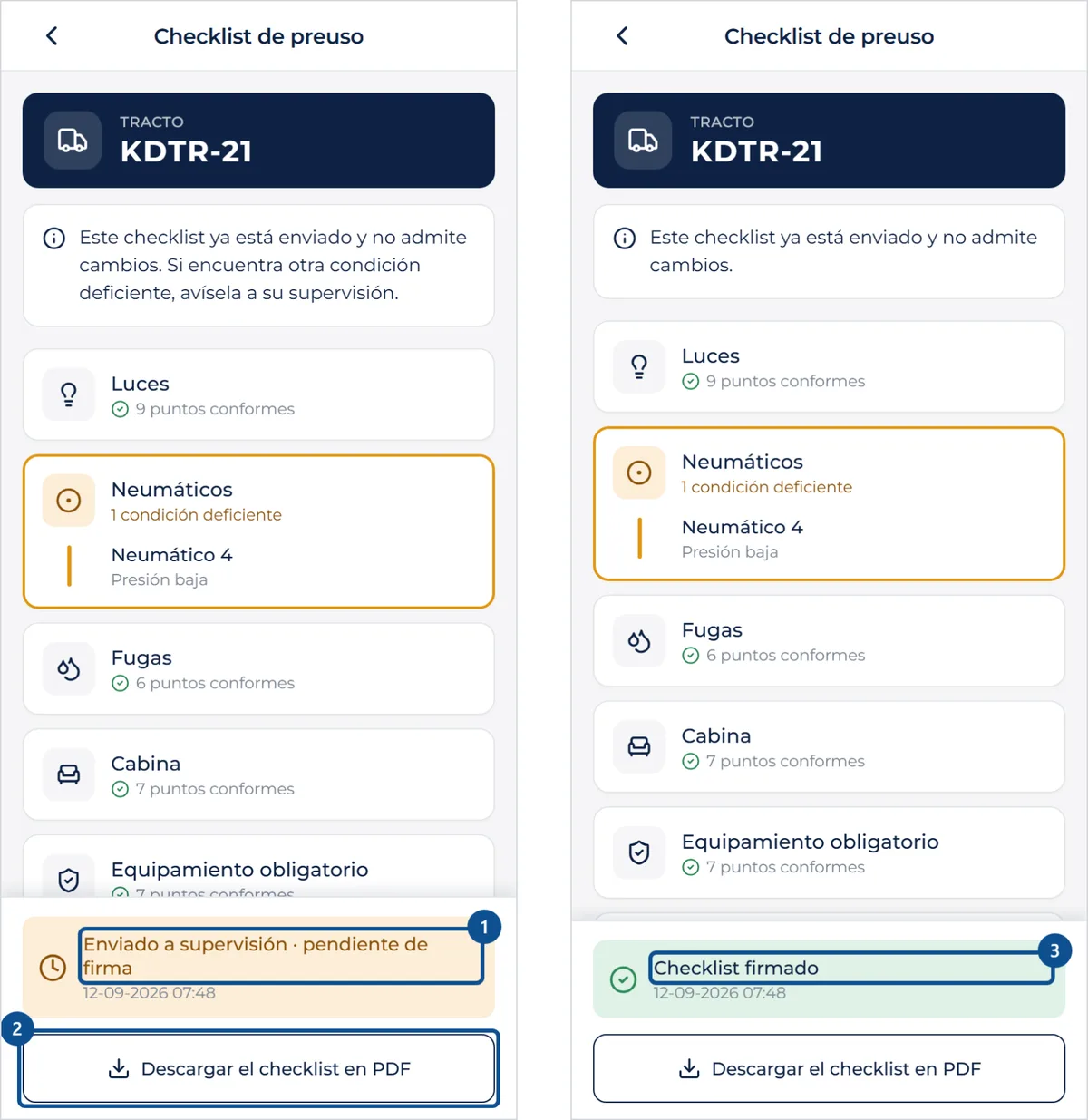Pantalla de «Seguir el checklist enviado y descargarlo», con los pasos señalados por número