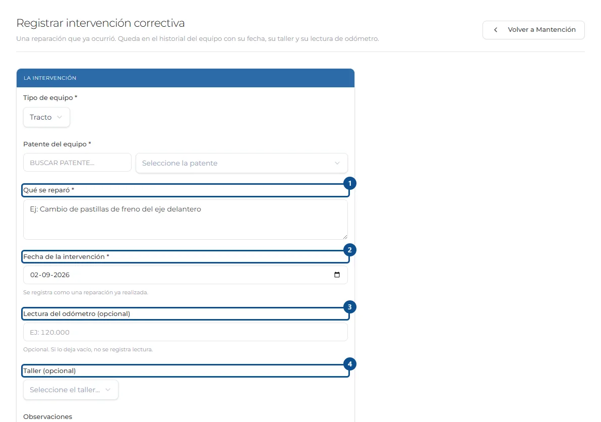 Pantalla de «Registrar una reparación ya hecha», con los pasos señalados por número