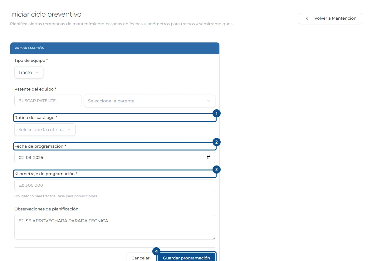 Pantalla de «Programar una mantención preventiva», con los pasos señalados por número