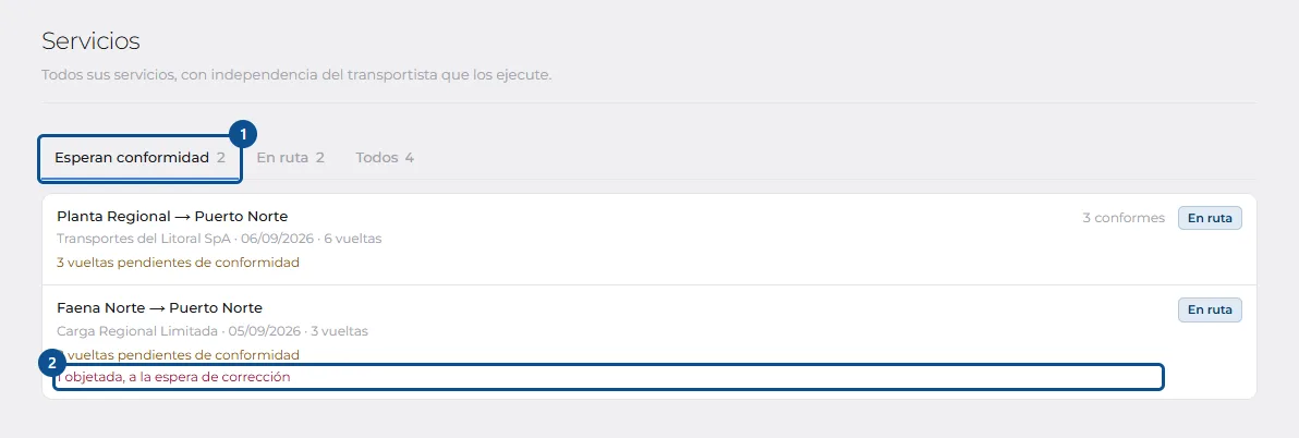 Pantalla de «Dar conformidad a las vueltas de un servicio», con los pasos señalados por número