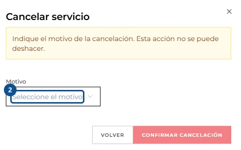 Pantalla de «Cancelar un servicio», con los pasos señalados por número